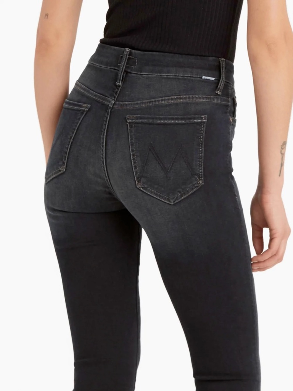 MOTHER Black High-Rise Skinny Jeans with Back-Pocket M Stitch